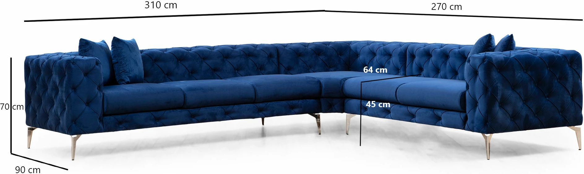 Këndare Como, ngjyrë blu navy, 6 jastëkë, këmbë metali, 310x270x70cm