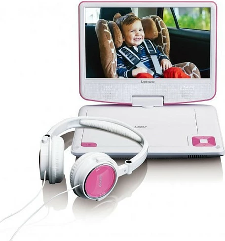 DVD Player portativ Lenco DVP-910, 9 inç, USB, me mbajtëse për makinë, rozë/bardhë