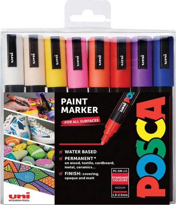 Set markera Posca PC-5M, 16 ngjyra, medium, ujë-bazë, majë bullet, multikolor