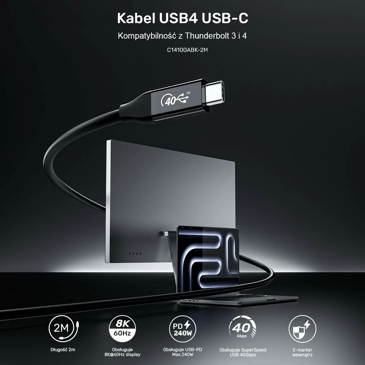 Kabëll USB-C Unitek 4.0, 100W, 40Gbps, 8K, 2m, zi