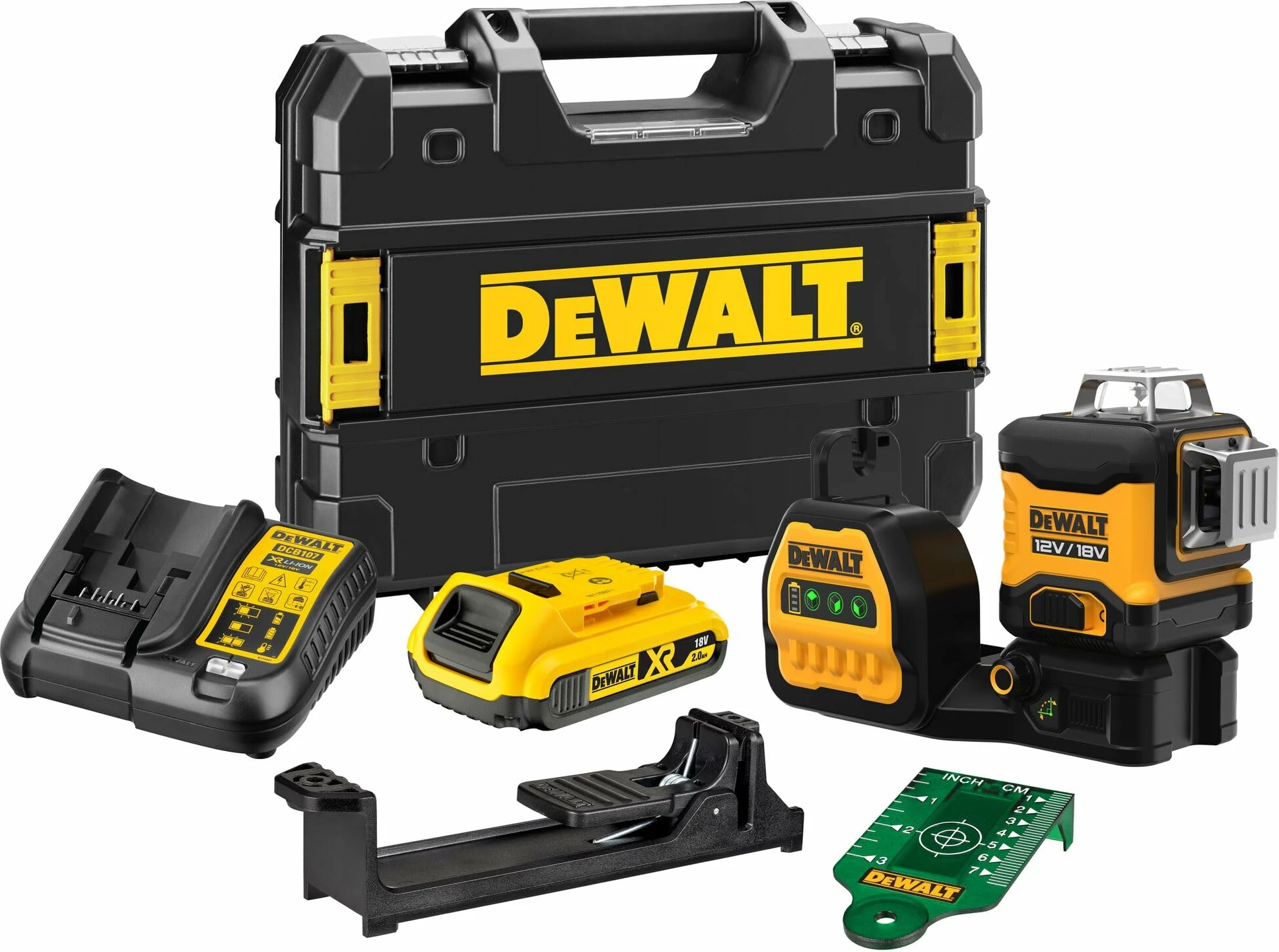 Laser nivelues me vetënivelim DeWalt DCE089D1G18, 18V XR, 3x360°, set me bateri 2.0Ah + karikues + kuti, i gjelbër