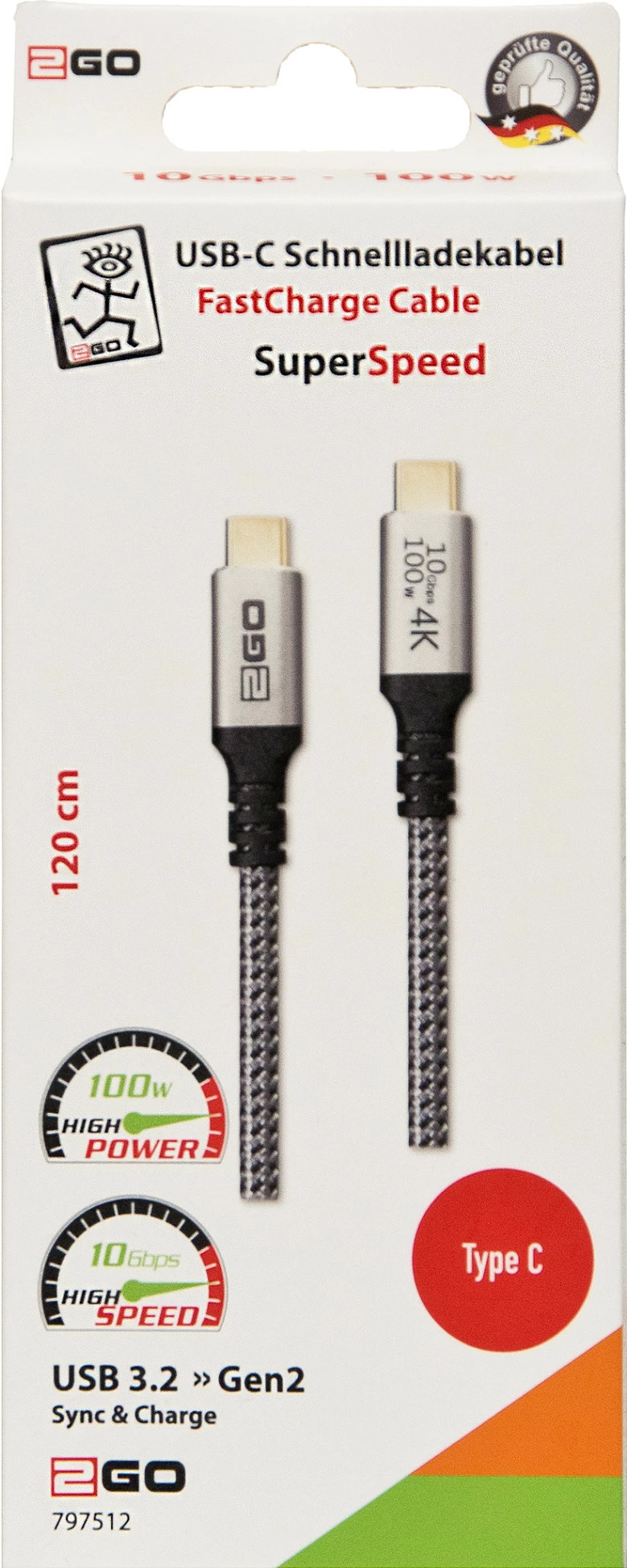 Kabllo USB-C në USB-C 2GO 797512, 1.2 m, USB 3.2 Gen 2, 100W PD, 10Gbps, 4K, e zezë/argjendtë