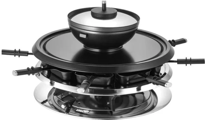 Grill raclette/fondue UNOLD Raclette Multi 4-in-1 48726, 8 persona, pllakë guri + pllakë grill, tenxhere fondue 500–700 ml, e zezë