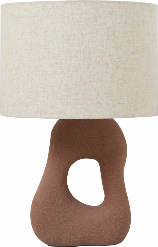 Llambë tavoline Pierre, bazë qeramike kafe, abazhur lino bezhë, 36x36x58cm