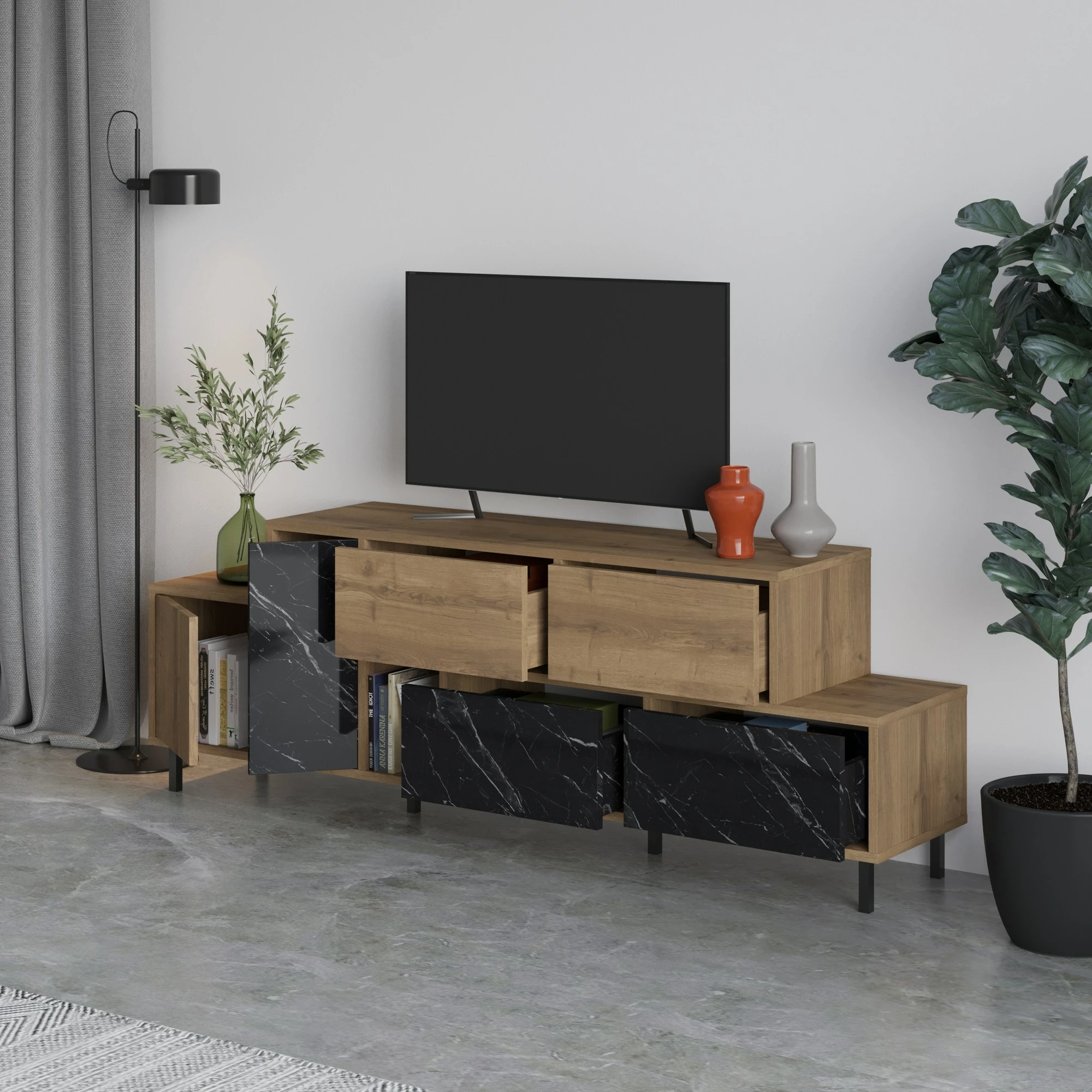 Komodë TV Skye Decor, Hermes - Hitit, Bendir, ngjyrë lis dhe e zezë