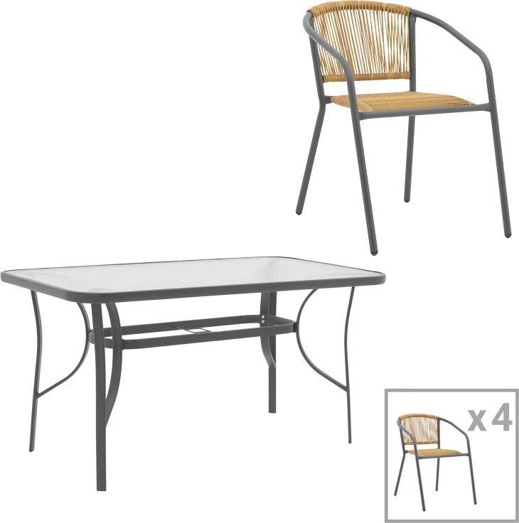 Set tavoline me karrige Ensure-Lindaria, metal, anthracit dhe pe rattan, 5 pjesë, 140x80x70cm