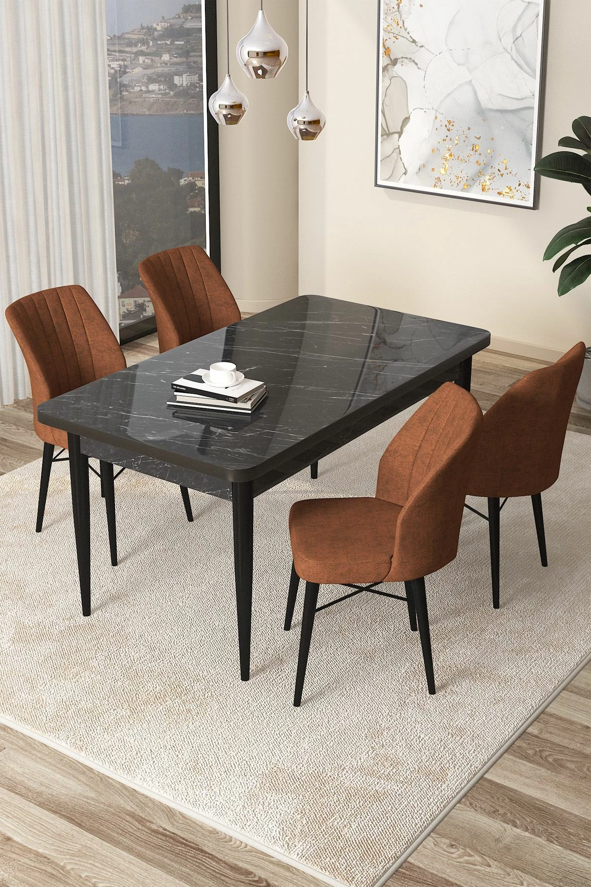 Tavolinë me karrige, 5 copë, Skye Decor, sipërfaqe mermeri të zi, karrige ngjyrë të kuqe tile