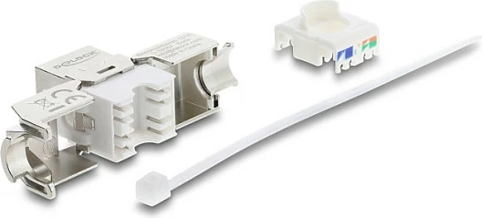 Modul Keystone DeLOCK RJ45 në LSA, Cat8.1, i mbrojtur, tool-free, argjendtë/bardhë