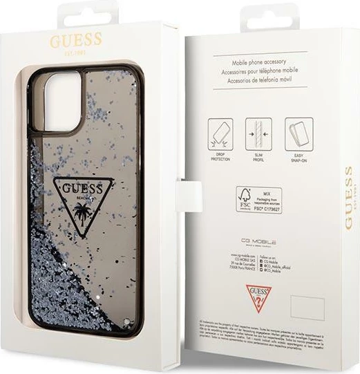 Mbështjellës Guess GUHCP14SLFCTPK për iPhone 14 6.1", Liquid Glitter Palm, i zi