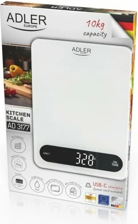 Peshore kuzhine Adler AD 3177, 10 kg, 1 g, USB-C, xham 16x22 cm, e bardhë, me kabllo