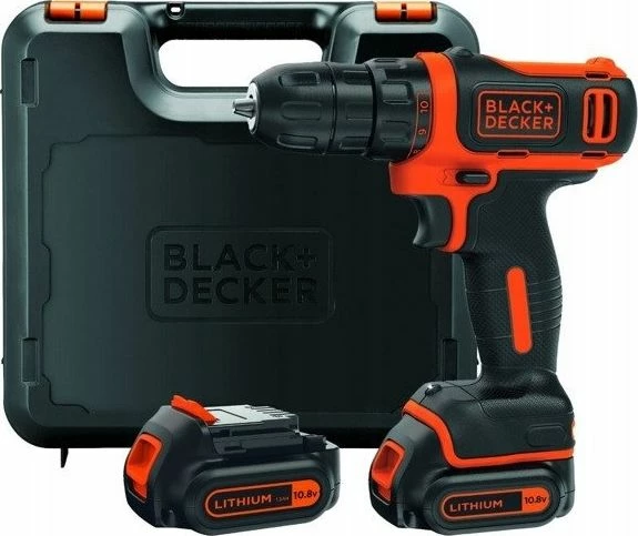 Trapan vidalshtrëngues me bateri Black+Decker BDCDD12KB 10.8 V, 2x 1.5 Ah, 26 Nm, 10 mm, me valixhe, portokalli/zi