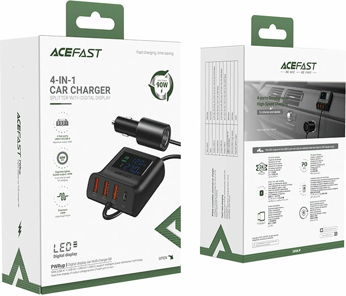 Karikues veture Acefast B8, 90W, 3x USB, 1x USB Type-C, me ekran, i zi