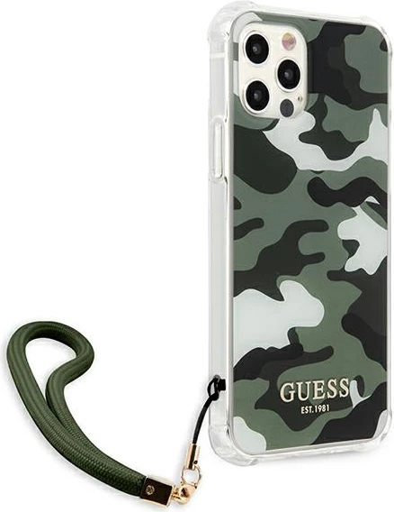 Mbështjellës Guess GUHCP12MKSARKA për iPhone 12/12 Pro, plastikë e fortë, Camo, Jeshile