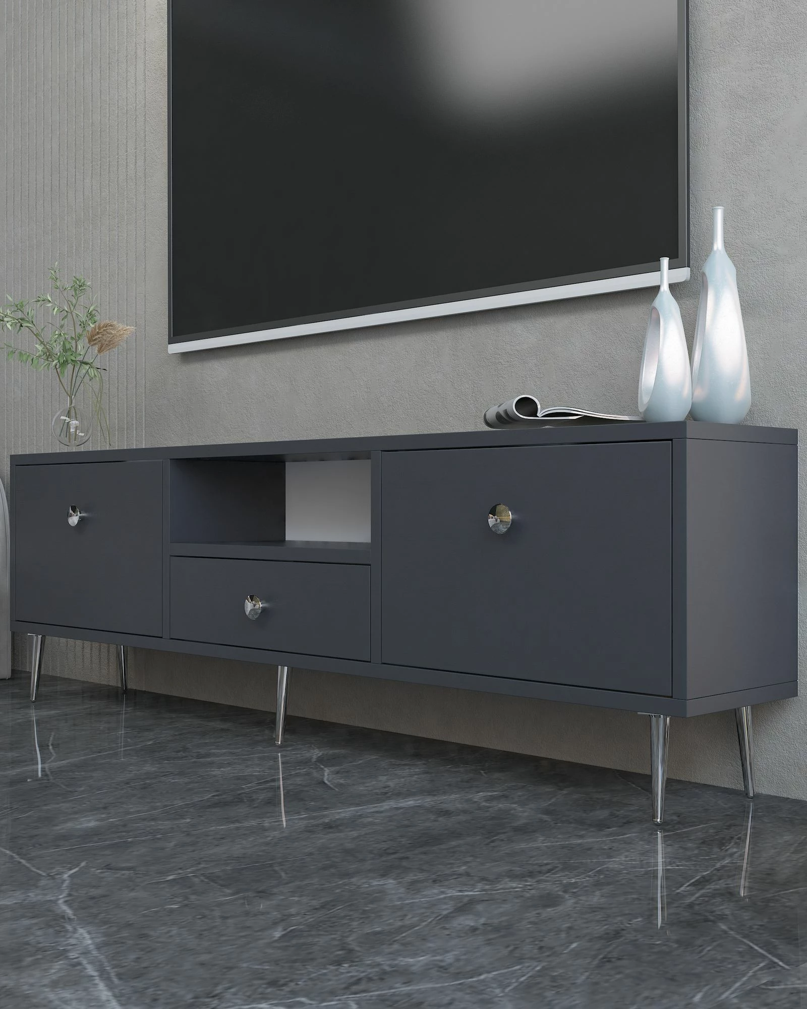 Komodë për TV Skye Decor, 1307-DROP-1, antracit, argjend