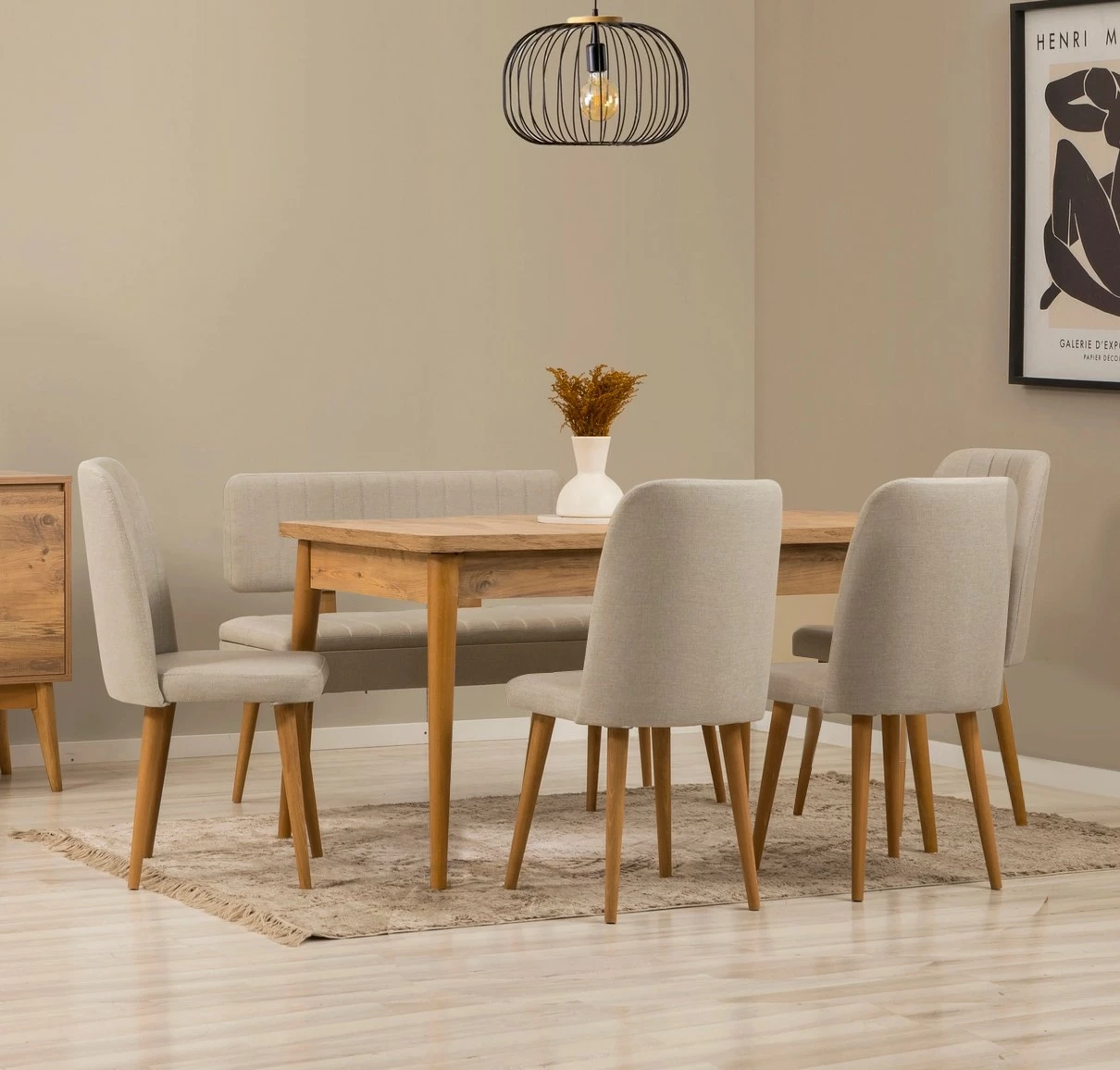 Set tavolinë me karrige për ngrënie, zgjatshëm, 6 copë, Hanah Home, Vina - ngjyrë pishë Atlantike, krem