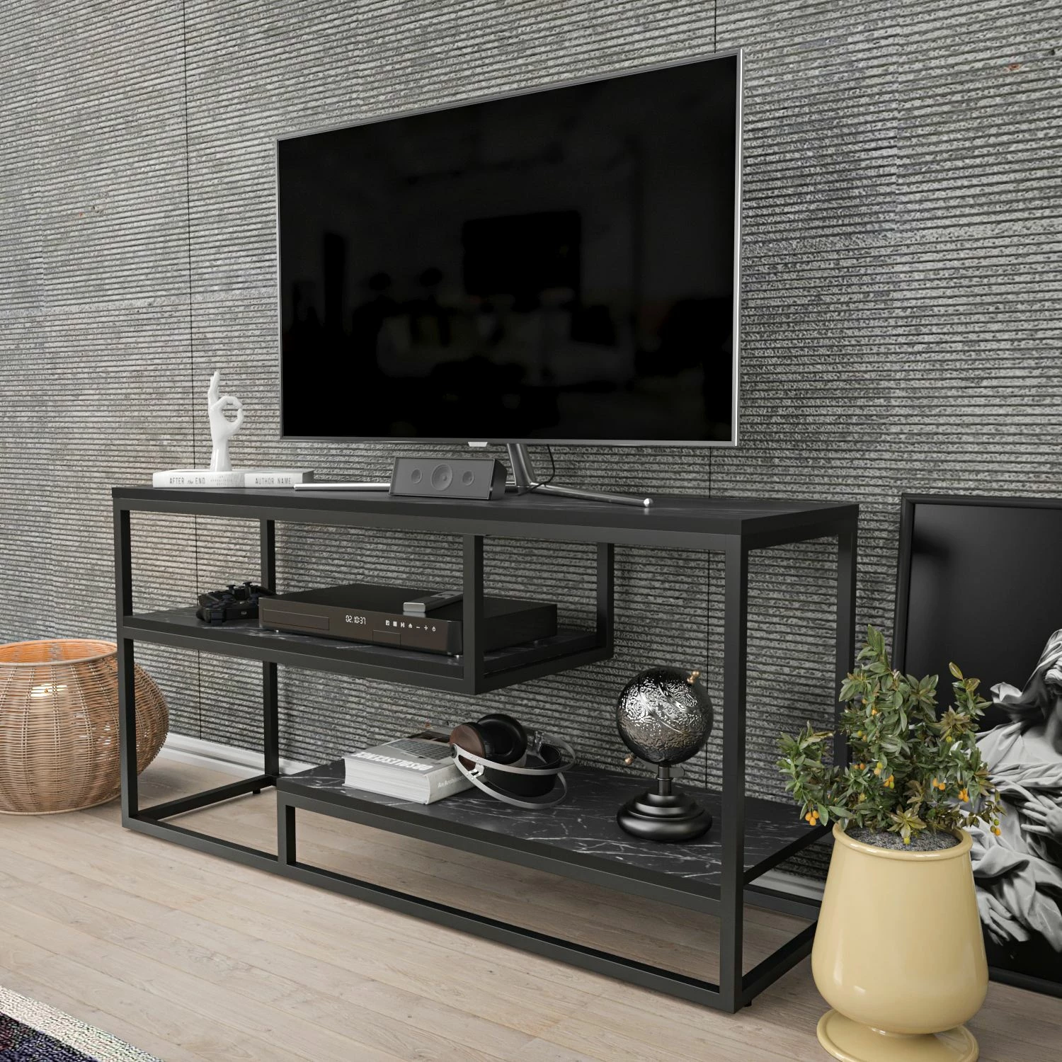 Komodinë TV Lorin, Skye Decor, e zezë dhe e bardhë