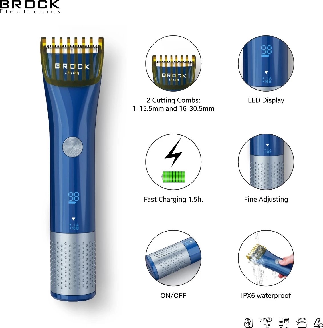 Makinë qethëse flokësh Brock BHC 3001, pa kabllo, bateri 600mAh, IPX6, e zezë/blue/silver