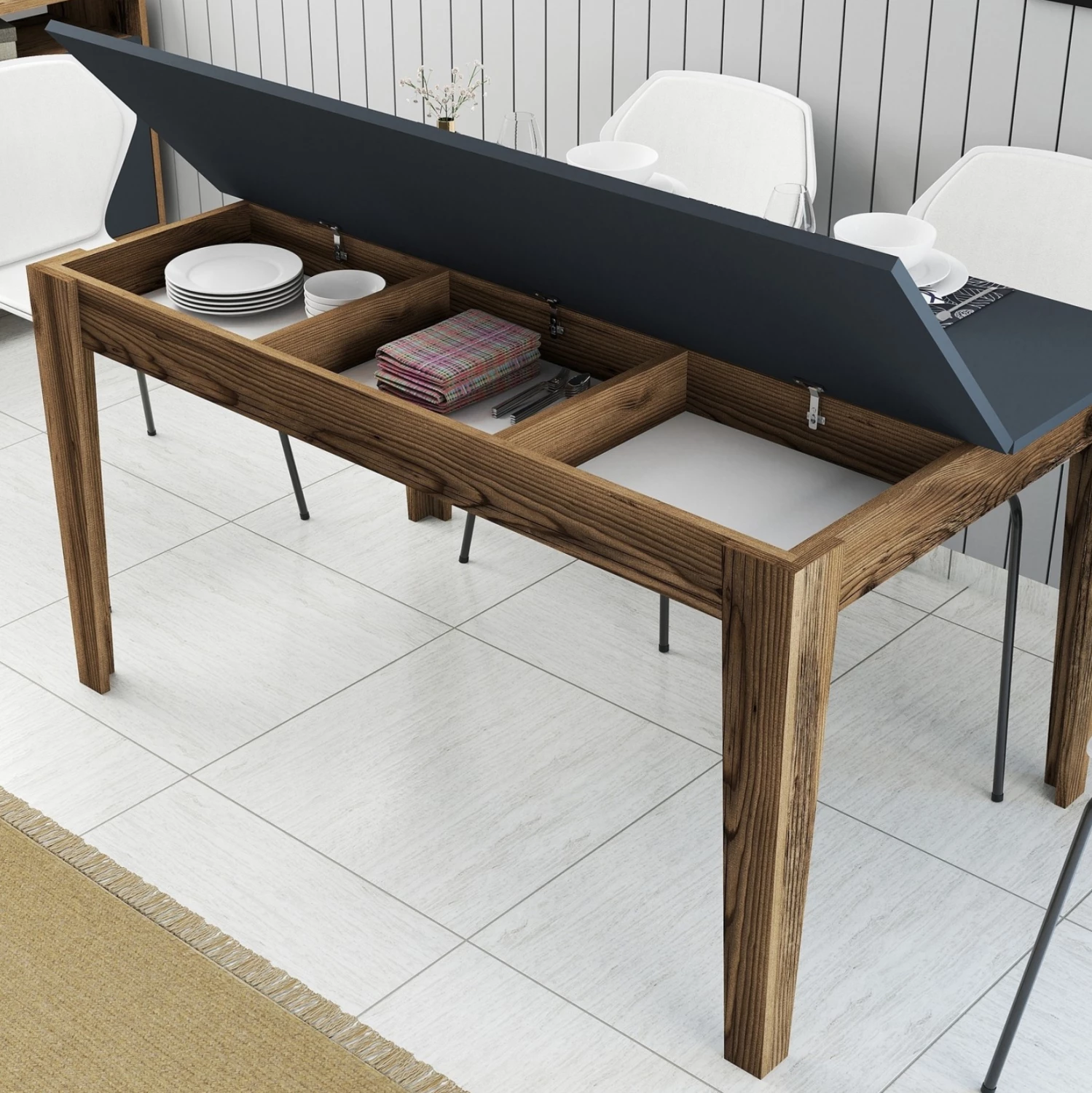 Tavolinë drejtkëndore me hapje, ngjyrë arrë-antracit, me hapësirë për ruajtje, 145x88x75cm