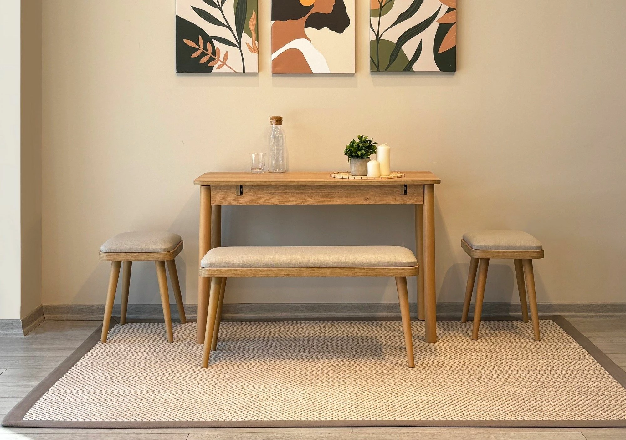 Set tavoline me karrige, zgjatës, 4 pjesë, Skye Decor, Vina Mini 04 1005, ngjyrë lis, krem