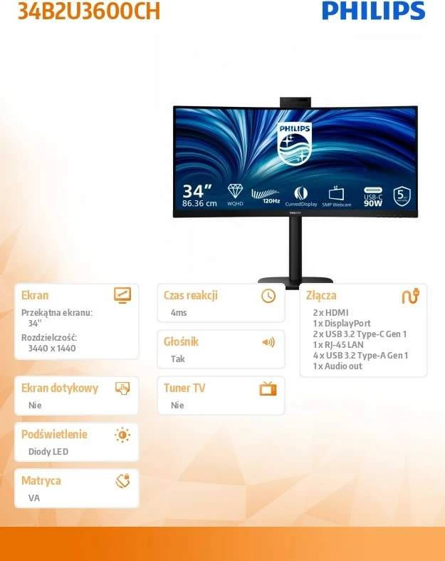 Monitor Philips 34B2U3600CH 34\" WQHD 3440x1440, VA, Curved 1500R, 120Hz, USB-C 90W, RJ45, KVM, webcam 5MP, HAS, i zi