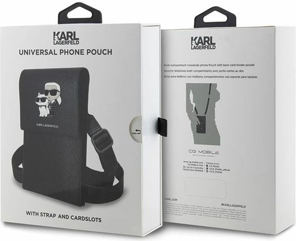 Çantë për telefon Karl Lagerfeld Saffiano Karl & Choupette, e zezë