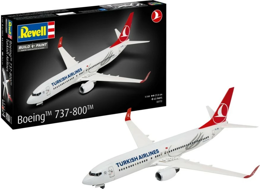 Komplet model plastik Revell Boeing 737-800 Turkish Airlines, 1:144, 63 pjesë, Bardhë/Kuqe