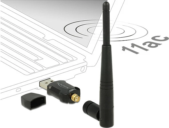 Adapter Wi‑Fi USB DeLOCK 12462, Wi‑Fi 5, 433 Mbit/s, antenë e jashtme, i zi