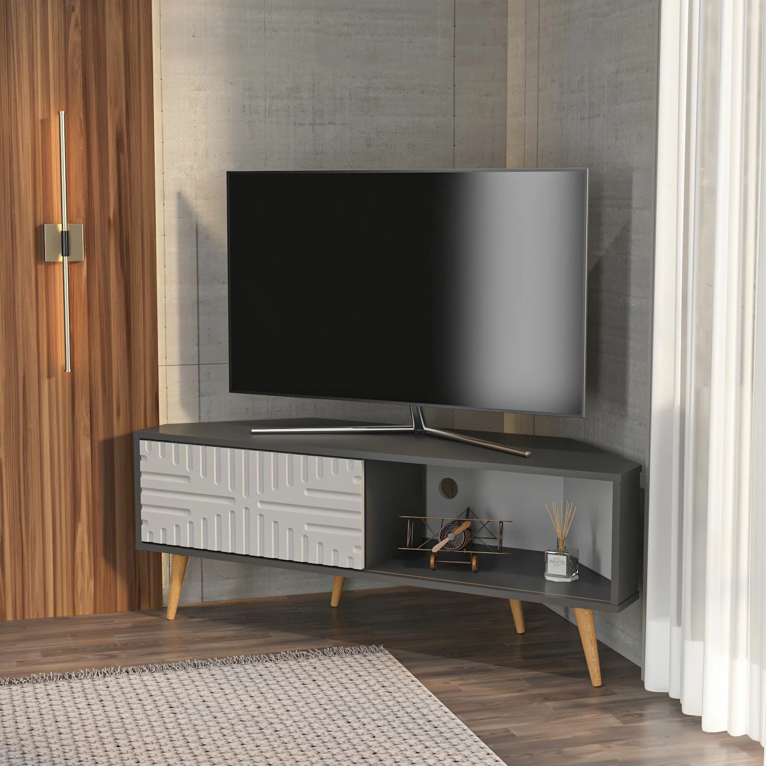 Komodë TV Skye Decor, ngjyrë antracit dhe e bardhë