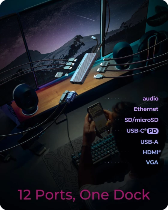 stacion docking USB-C ICYBOX IB-DK4062-CPD 12-në-1, triple video (2x HDMI 4K + VGA), PD 100W, Ethernet Gigabit, lexues SD/microSD, gri