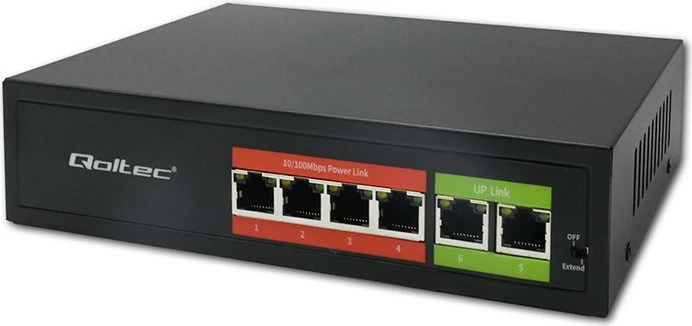 Switch, Qoltec 52289, 6x RJ45 10/100Mb/s (4x PoE 802.3af, total 65W), 2x RJ45 Uplink, Plug & Play, metal, e zezë