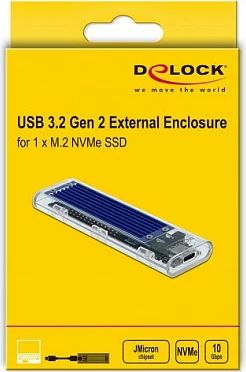 Kasë eksterne DeLOCK për SSD M.2 NVMe PCIe, USB-C 10Gbps, transparente, Blue