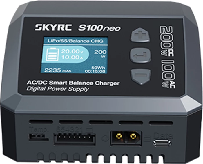 Karikues smart SkyRC S100neo AC/DC 100W/200W, ekran 1.77", për bateri LiPo/LiHV/LiFe/LiIon 1-6S, NiMH/NiCd, Pb, i zi/gri