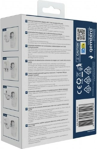 Adapter udhëtimi universal, Gembird, TPA-1A2C20-02-W, 20 W PD/QC, 3x USB (2x Type-C 20 W, 1x Type-A 18 W), prizë AC universale me siguresë 10 A, 4 koka US/UK/EU/AU, e bardhë