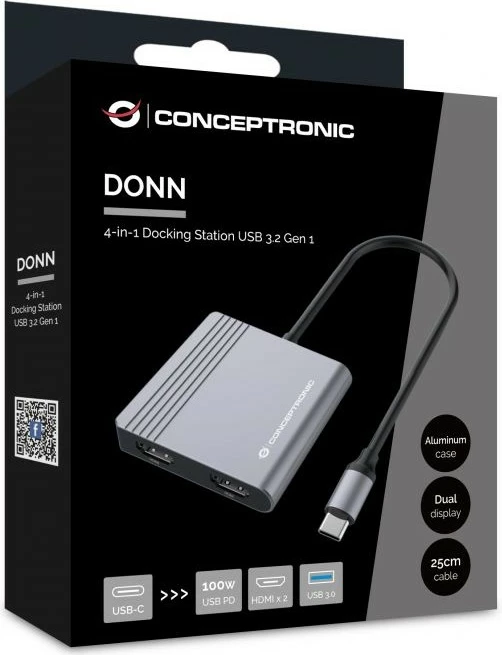Dock Conceptronic 4-1 USB-C, 2x HDMI, USB 3.0, 100W PD, 25cm, gri