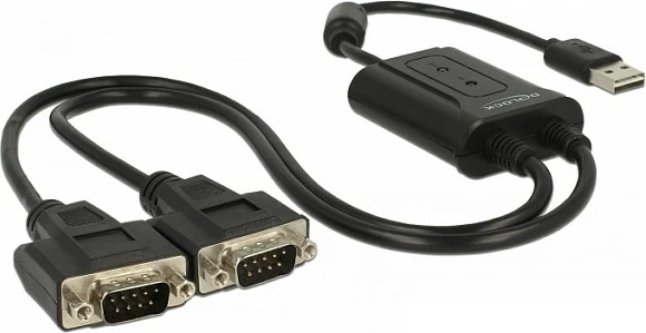 Kabllo adapter USB-A në 2x RS-232 DB9 DeLOCK 63950, 0.6m, e zezë