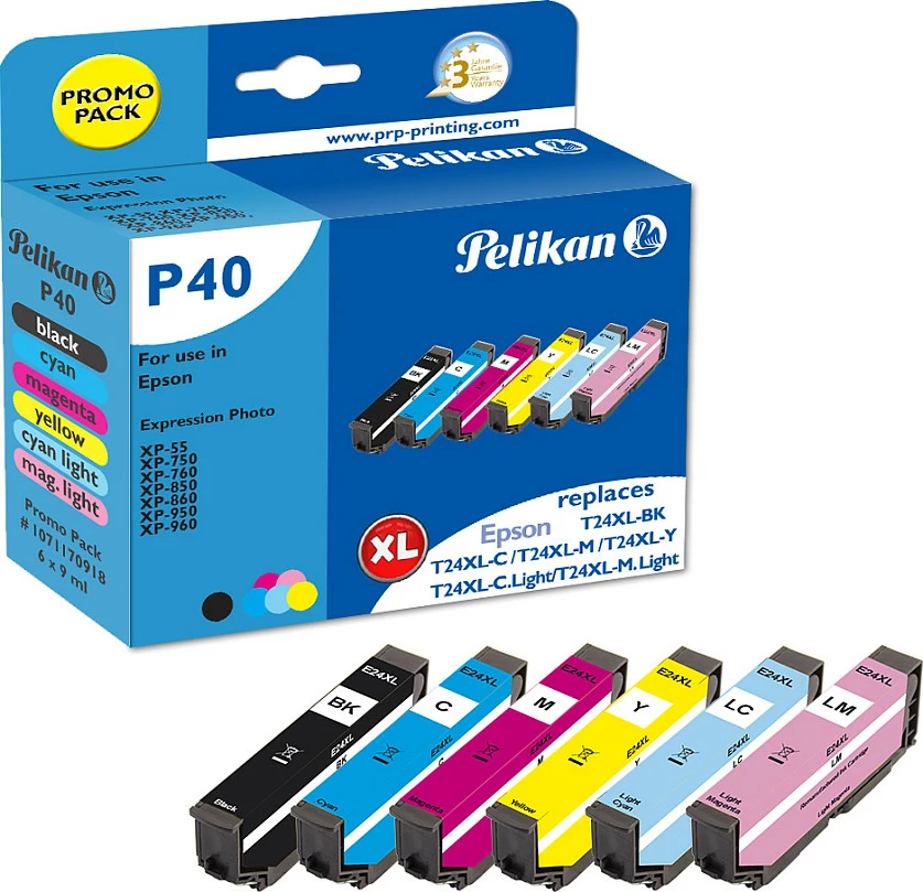 Kartrixha boje Pelikan P40, kompatibile me Epson T24XL (T243840), Multipack 6 copë, XL, Black/Cyan/Light Cyan/Magenta/Light Magenta/Yellow