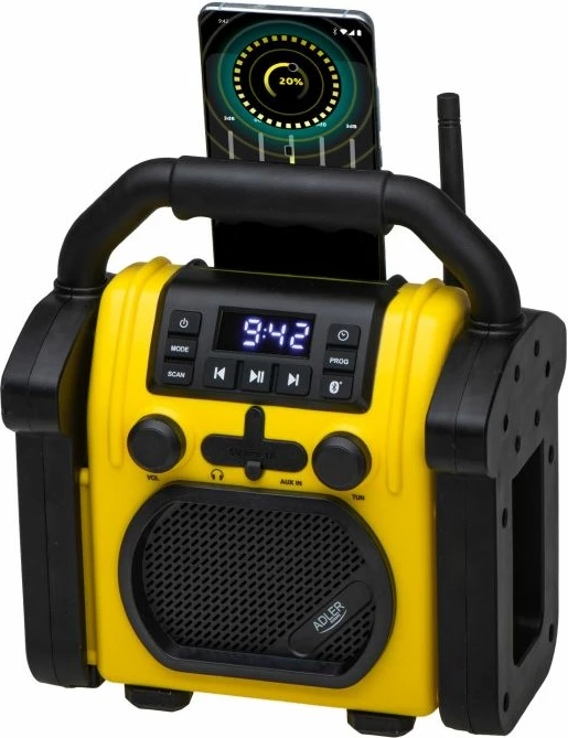 Radio portative ADLER AD1911, Bluetooth 5.1, FM, 10 W, IPX54, AUX, furnizim me rrymë ose 6x R14, verdhë/zezë