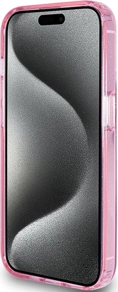 Mbështjellës Guess Ring Stand Script Glitter MagSafe për iPhone 15 Pro, Rozë