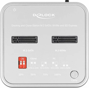 Docking station DeLOCK për 2x M.2 SSD (NVMe + SATA) me lexues SD Express dhe klonim, argjendtë