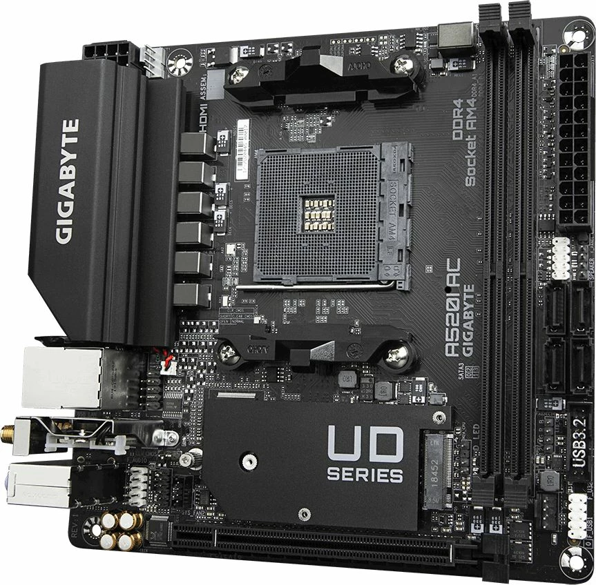 Pllakë amë Gigabyte A520I AC Mini-ITX, DDR4 deri 64GB, Wi‑Fi 5/Bluetooth