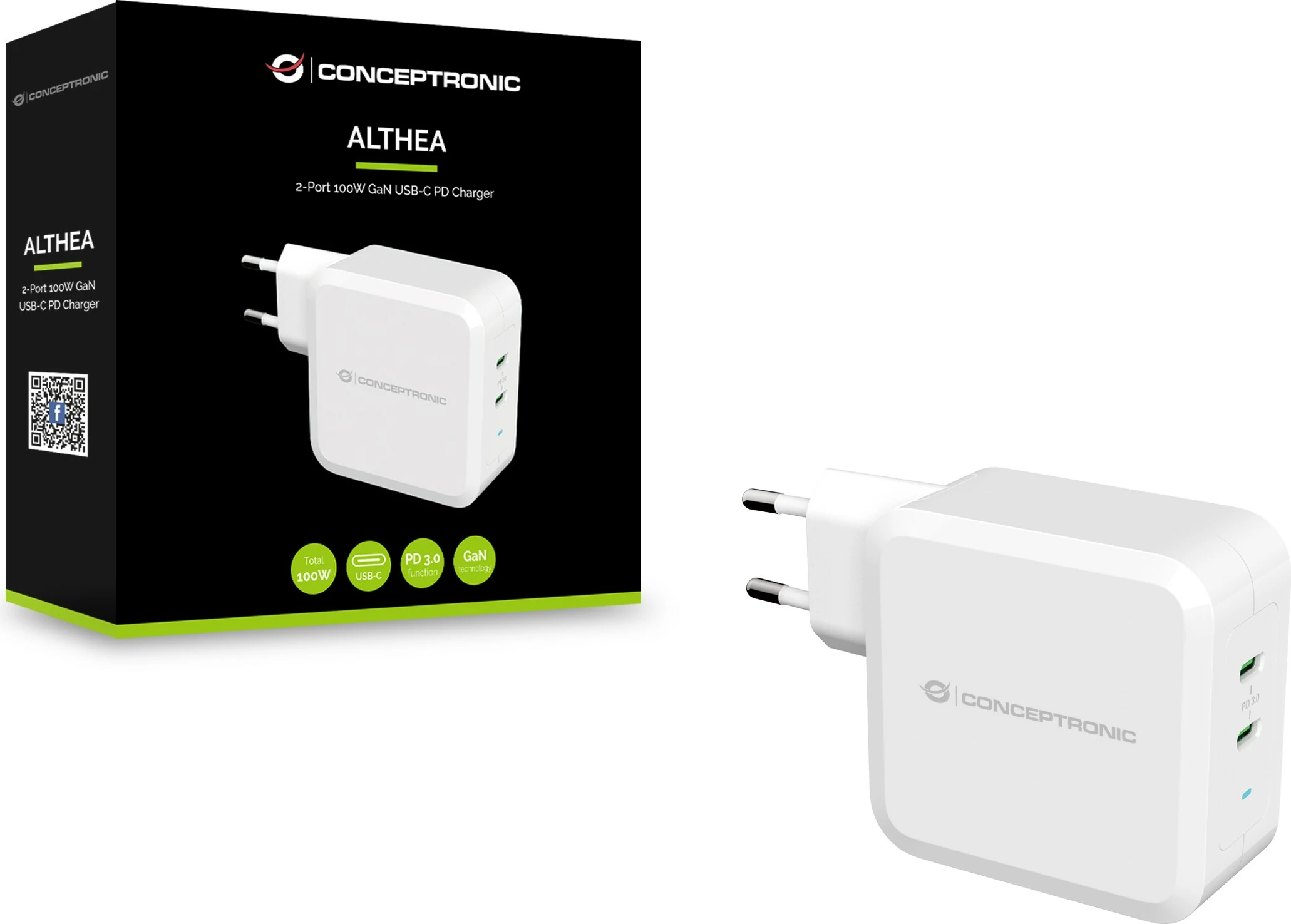 Karikues Conceptronic 2xUSB-C 100W GaN i bardhë