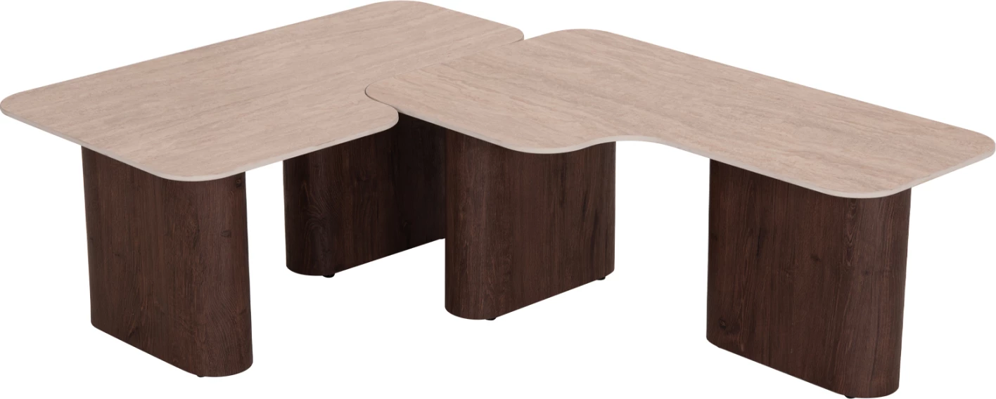 Set tavolina kafeje 2 copë Notte FH18432, sipërfaqe qeramike ngjyrë travertin, këmbë MDF ngjyrë arre, 100x100x43 cm
