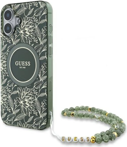 Mbështjellës Guess IML Flowers Allover Electro me pearl strap, për iPhone 16, MagSafe, Gjelbër