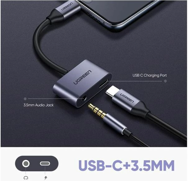 Adapter hub USB-C në 3.5mm + USB-C UGREEN 50596, gri