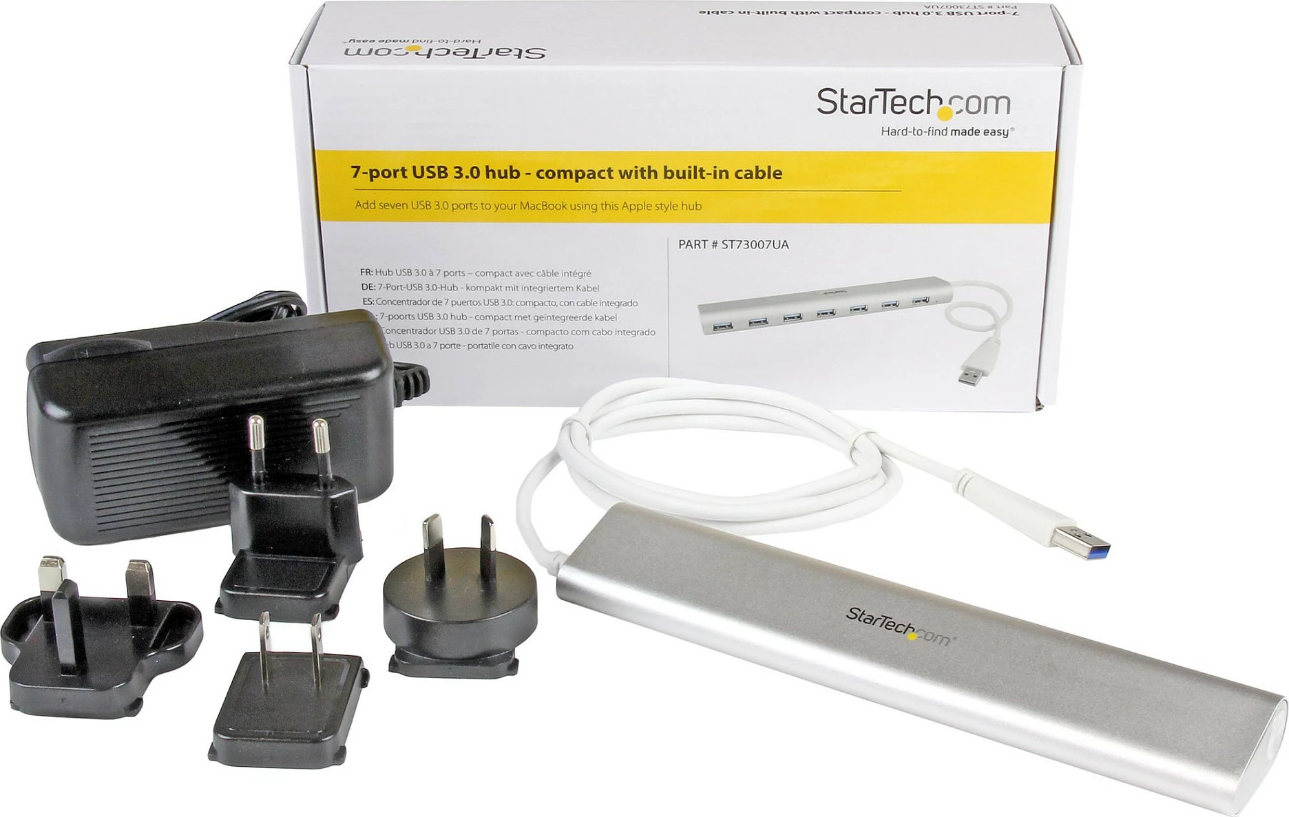 Hub USB StarTech 7-Port, USB-A, USB 3.2 Gen 1 5Gbps, me adapter rryme, argjendtë/bardhë