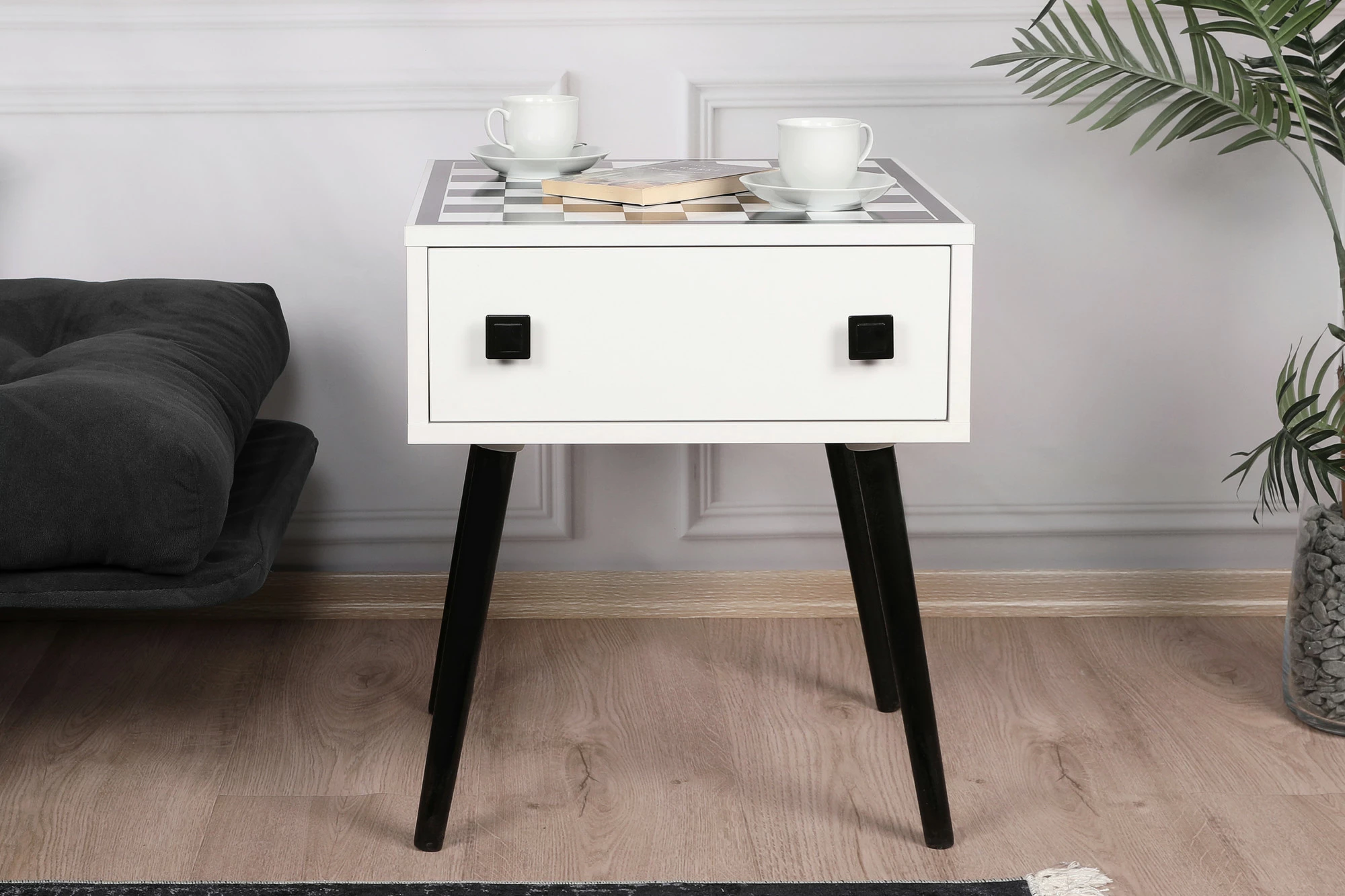 Tavolinë shahu, Skye Decor, e zezë dhe e bardhë, me sirtar dhe figura