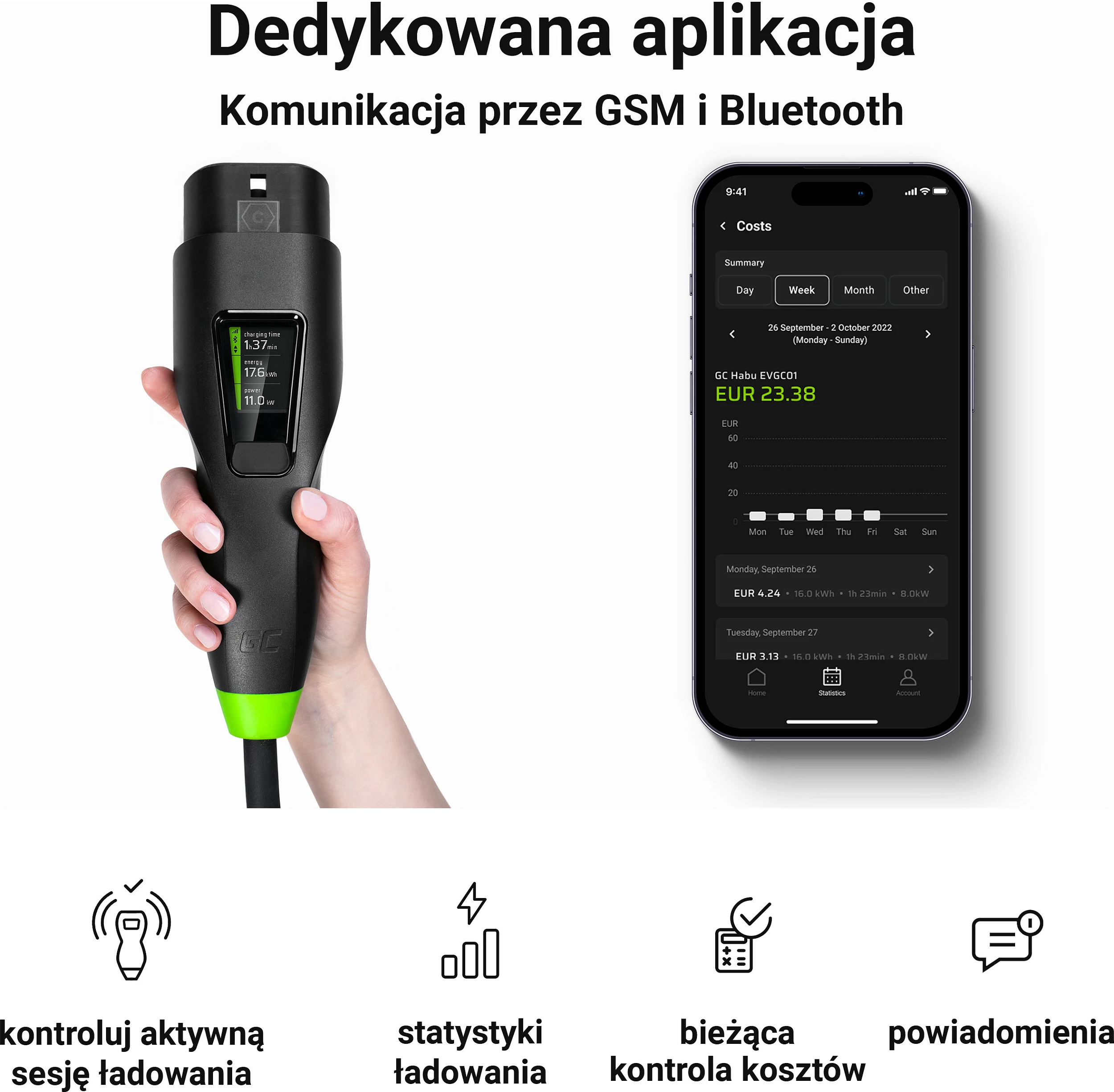 Stacion karikimi EV Green Cell Habu, 7 m, 2-në-1, 11 kW, i zi