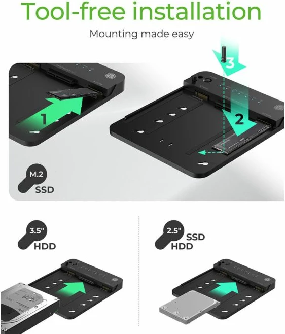 Stacion dokimi & klonimi ICYBOX IB-2915MSCL-C31, USB 3.2 Gen 2 10 Gbit/s, për M.2 NVMe/SATA + 2.5"/3.5" SATA, e zezë