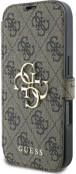 Mbështjellës folio Guess 4G Metal Logo për iPhone 16 Pro 6.3, TPU/PC/eko lëkurë, me xhepë karta dhe qëndrim, kafe