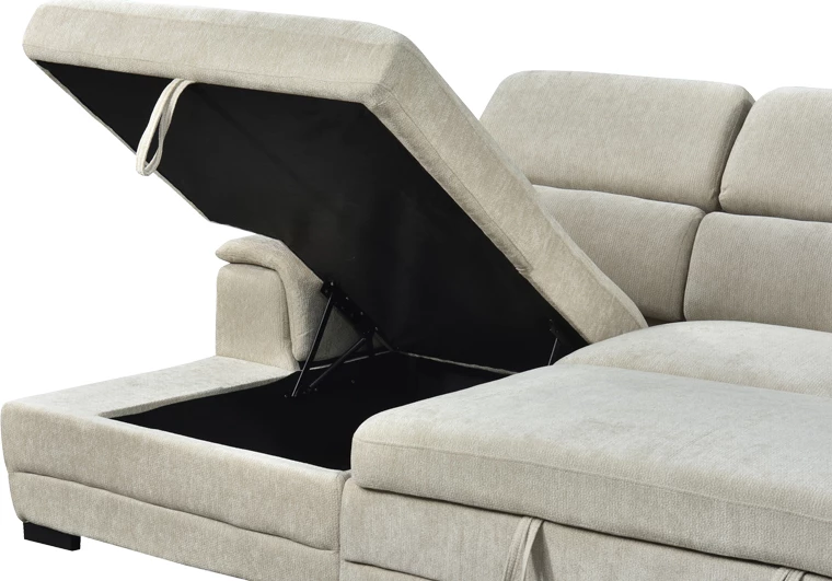 Këndare Dreamora me hapësirë për depo, kënd i djathtë, stof bezhë, 270x167x82cm